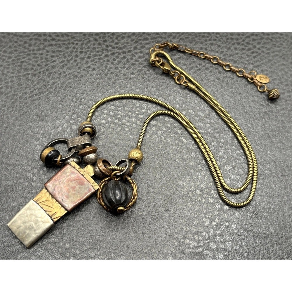 Baer SF Vintage Gold Tone Mixed Metal Charm Necklace Black Stone